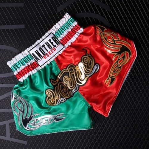 Pantalones cortos de Muay Thai para kickboxing, pantalones transpirables para niños y adultos con cintura elástica para entrenamiento de artes marciales mixtas (talla XS, rojo y verde)