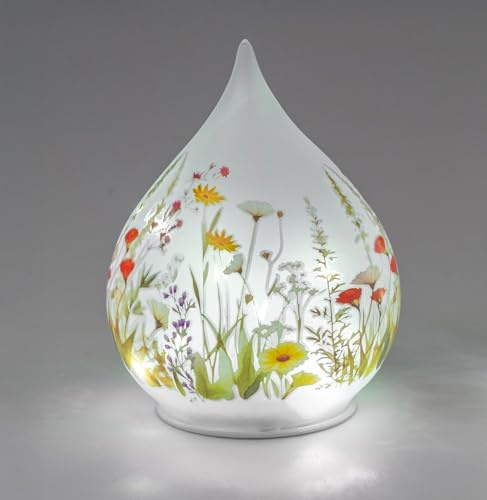 formano LED Deko Tropfen Glas Blumenwiese 15cm Matte Glasleuchte im Blumen-Dekor - Timer 6h/18h, batteriebetrieben (3× AA), stimmungsvolles Ambientelicht für Tisch, Fensterbank & Regal