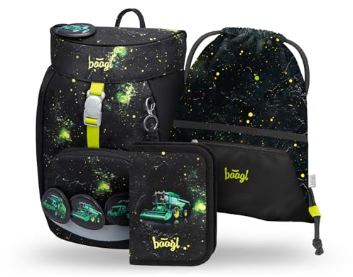 Baagl Schulranzen Jungen Set 3 Teilig Airy Schultasche 1. Klasse - Traktor | Der ergonomische Schulrucksack für die Vorschule bietet mit 16,5 l Volumen Platz für Federmäppchen und Turnbeutel.