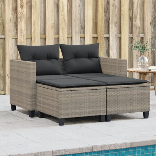 Emmtore Gartensofa 2-Sitzer mit Hockern Outdoor Sofa Garden Furniture,Garden Lounge Set Patio Hellgrau Poly Rattan