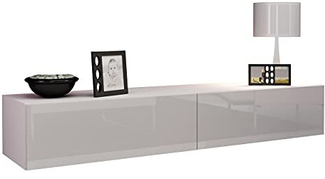 Mirjan24 TV Schrank Vigo, Fernsehschrank, TV Lowboard mit Grifflose Öffnen, Hängeschrank Hochglanz Matt Wohnwand (Länge: 180 cm, Weiß/Weiß Hochglanz)