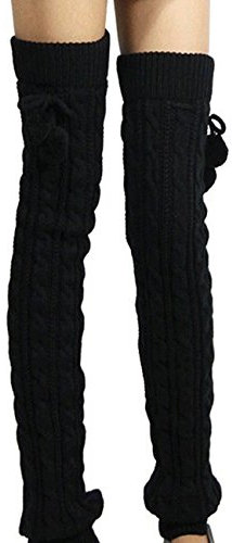 HAHAEMMA EMMA Damen Mädchen 1 Paar Bein Stulpen Legwarmer Groben Gestrickt Verdrehte Muster mit Schleife One Size Overknee Winter Beinlinge Flauschig-BL