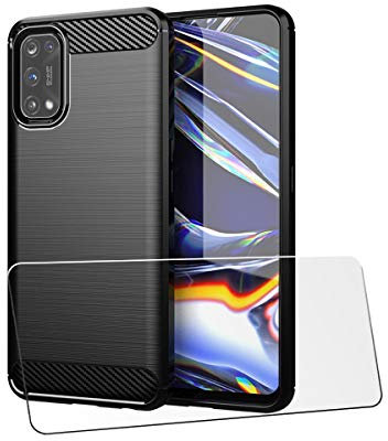 QFSM Funda + Cristal Templado para Realme 7 Pro - Silicona Carcasa TPU Anti-Knock Fibra de Carbono Cover Case HD Película Protectora Cristal Templado Pantalla Glass - Black