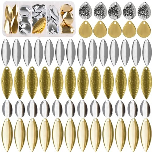 Spinner Blades for Lures Making Kit Easy Spin Colorado Willow Blades Kit Gold Silver Spoons DIY Lures Making Accessories for Spinner Baits Walleye Rigs Bass Fishing(Gold & Silver - 100pcs)