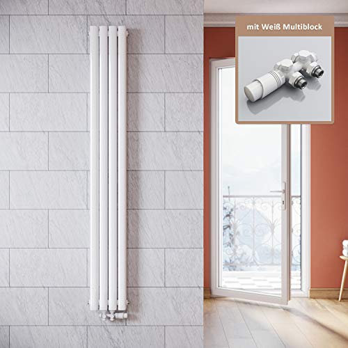 ELEGANT Radiador vertical, diseño blanco, 1800 x 236 mm, con termostato multibloque, color blanco, doble capa, conexión central, color blanco