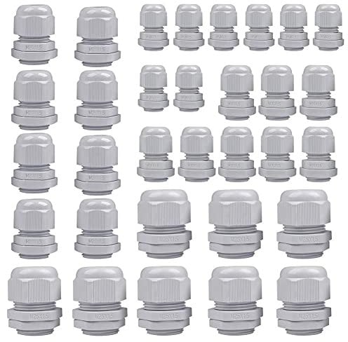 CYH 32 Pcs Grey Cable Glands Joints, Waterproof Wire Cable Connector Electrical Conduit Plastic Stuffing, with Locknut and Seal for Garden Outdoor, IP68 M12 M16 M20 M25
