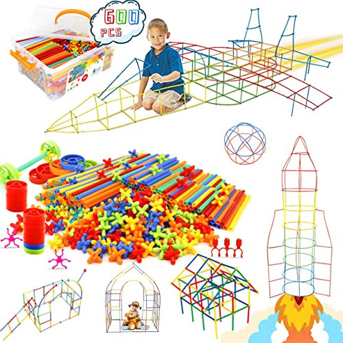 Straw Constructor Toys, STEM Building Toys, 600 Pieces Straw Toys, Interlocking Plastic Toys, Engineering Toys, Thin Tube Blocks Toys, Educational Toy Set for Indoor and Outdoor Kids Toys for Boys and