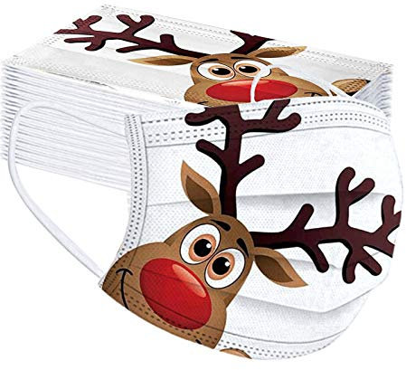 Lulupi 50 Stück Kinder Mundschutz Einweg Weihnachtsmotiv Mund Nasenschutz Halstuch Maske 3D Druck Weihnachtsmaske Rentier Motiv Einmal MNS Mund-Tuch Staubdicht Atmungsaktiv Tücher Bandana Schals