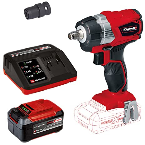 Einhell Boulonneuse sans fil TE-CW 18 Li BL Solo Power X-Change (Couple maximum 215 Nm, changement de pneus, batterie puissante, avec LED) avec Chargeur et Batterie 5,2Ah
