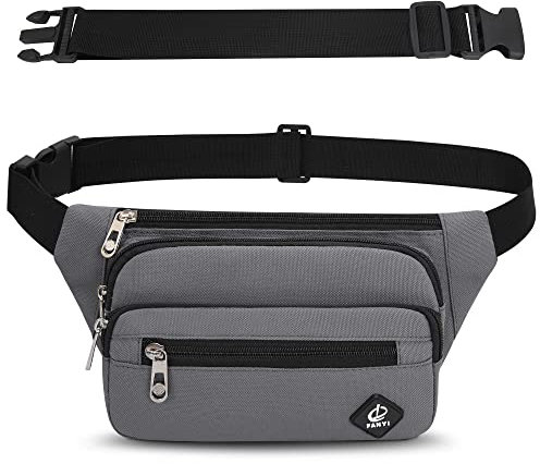 Marsupio per Uomo Donna Sportivo Unisex con Cintura Regolabile Estesa 60 cm e 4 Tasche con Cerniera Marsupi Impermeabile per Outdoor Passeggiate Escursionismo Trekking Ciclismo Viaggio (Grigio)