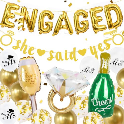 Gidobo Engagement Decorations Set Gold Engaged Balloons Banner, She Said Yes Banner Diamond Ring Balloons Confetti Balloons for Bachelorette Bridal Shower Proposal Wedding Party (GDB00030)