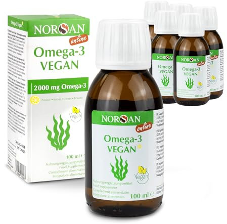 NORSAN Premium Omega-3 Vegan Öl hochdosiert 6 x 100ml - 2000 mg Omega-3 Tagesdosierung-Algenöl reich an EPA & DHA - 800 IE Vitamin D3