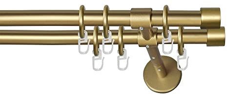 Garesa Gardinenstange Rustika Ø 16mm, 2-läufig, Gold, matt I Rustikale Vorhangstange aus Metall inkl. Ringe + Faltenlegehaken I Mit Endknopf Kappe I 140cm