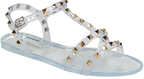 LAVRA Damen-Sandalen mit Nieten, T-Riemen, PVC-Flip-Flop, Gelee-Schuhe, Riemen, transparent, 37.5 EU