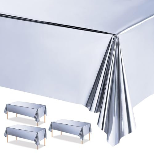 POPOYU 3 Stück Silber Tischdecken 137x274cm Kunststoff Rechteck Tischdecken,wasserdichte Kunststoff-Tischdecken für Tische im Indoor und Outdoor Partys,Geburtstage, Hochzeiten,Haushalt Partyzubehör