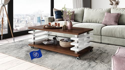 Carl Svensson Couchtisch DC-3 Nussbaum / Weiß Hochglanz 120x60cm mit Ablage modern stabil vielseitig Wohnzimmertisch Beistelltisch Sofatisch Zeitloses platzsparend robust Wohnzimmer mit Rollen