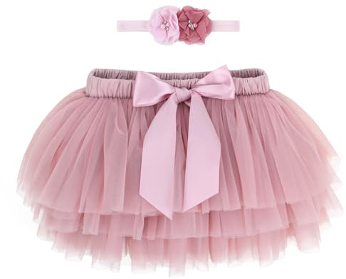 Baby Kleinkind Mädchen Tutu Rock Prinzessin Rock Mini Tiered Super Soft Tüllrock 0-6 Monate Elastische Taille Ballett Tanzrock mit Windelüberzug + Stirnband, Staubige Rose S