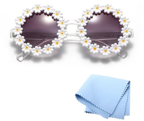 Doukesh Gänseblümchen Sonnenbrille,Klassische Daisy Runde Sonnenbrille,Blumen Sonnenbrille,Party Brille Rund,Hippie Sonnenbrille,Sonnenbrillen Damen,Sonnenbrille Kinder,Hippie Brille (Weiß)