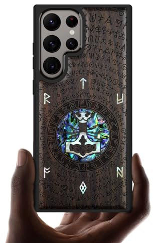 Carveit Designer Wooden Case for Samsung Galaxy S24 Ultra - Engraved & Inlaid with Blackwood - Thors Hammer Pattern - Wireless Charger Compatible