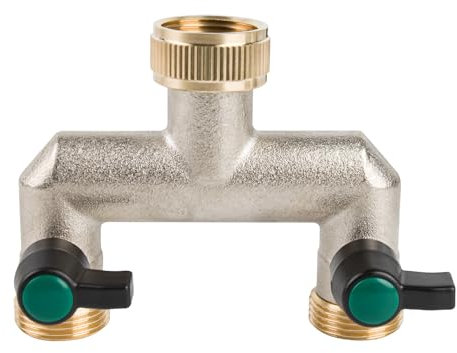 Tesmotor Distributore d'Acqua a 2/3/4 Vie in Ottone, Rubinetto da Giardino con Separatore di Tubi 3/4 e Valvole a Sfera Separate, Filettature Standard Europee da 3/4 Femmina a 3/4 Maschio (2 Vie)
