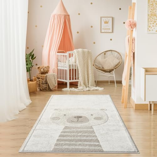 Teppich Kinderzimmer Läufer - 80x150cm - Pastell Beige Creme - Kurzflor Spielteppich mit niedlichem Bär Motiv