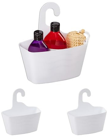 Relaxdays Duschkorb zum Hängen, 3er Set, ohne Bohren, Kunststoff, Duschablage Shampoo & Duschgel, Duschorganizer, weiß
