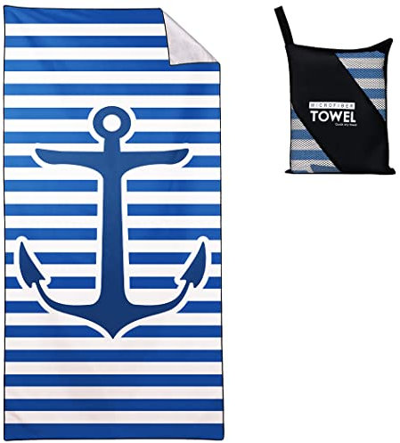 Violetpos Nautisches Strandtuch 90x180 cm Schnell Trocknende Badetuch Sandfrei Handtuch Anker Strandhandtuch Blau Gestreift Strandtücher Groß Badehandtuch