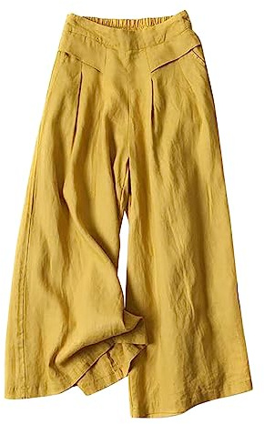 Culotte Damen Sommer Knielange Hosenrock Plissee Lang Mit Taschen Culotte Jogginghose Palazzo Große Größen Lässig 7/8 Hose Marlenehose Linen Pants Leinenhose Gelb