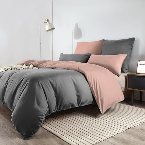 Soifox Bettwäsche 200x200 Grau Rosa - aus Mikrofaser Bügelfrei & Knitterfrei Bettbezug 200 x 200 Set mit 80x80 cm Kissenbezug 2er Set Bettwasche mit Reißverschluss