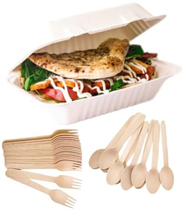 HOT BARGAINS 100 X Bagasse Lunch Boxes 9x 6 + 100 X Forks + 100 X Spoons Wooden Takeaway Eco Friendly