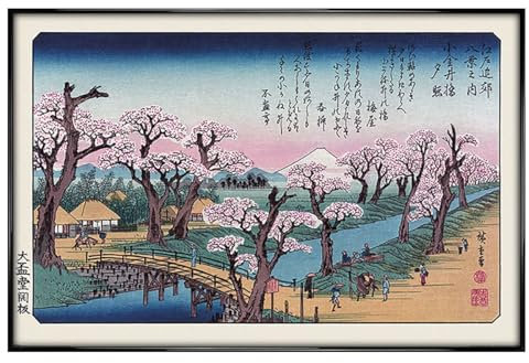 Poster Hiroshige Mount Fuji Koganei Bridge - Noir brillant encadré