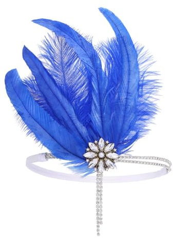 IYOU Années 1920 Plume Flapper Pièce Tête Bandeau Bleu Royal Cristal Gatsby Serre-tête Promesse Mariage Accessoires de Coiffure pour Femmes