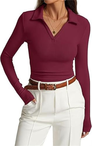 Womens Long Sleeve V Neck Polo Shirts Basic Casual Going Out Tops Business Work 2024 Fall Tops Black Collared Shirt (Dark red,XL)