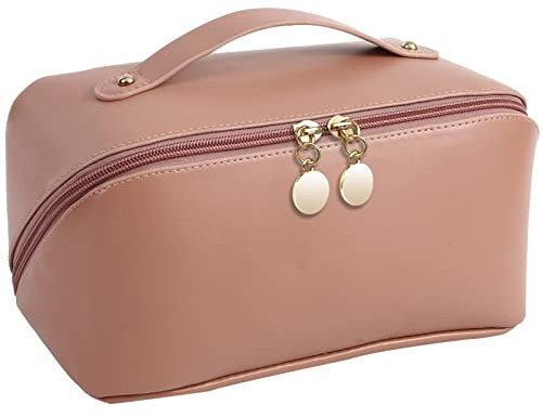 TOPALL Kosmetiktasche Reise Damen,Beauty Case PU Leder,Groß Make Up Tasche,Portable Schminktasche Kulturtasche Organizer mit Kapazität für Reisezubehör Travel Essentials Women(Smooth NakedPink)