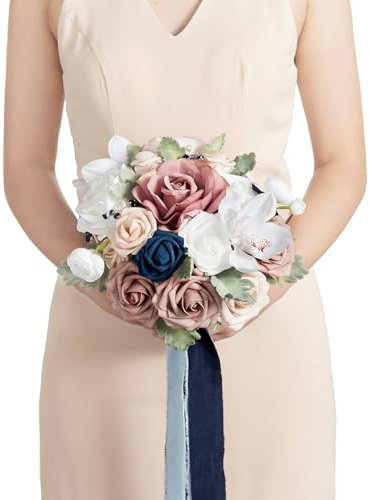 Ling's Moment Dusty Rose Marineblau Brautstrauß für Braut, rosa Hochzeitssträuße für Braut Trauzeugin Brautjungfer, 9 Zoll Seide Runde Künstliche Hochzeit Blumen Sträuße, Kleine Brautjungfer Strauß