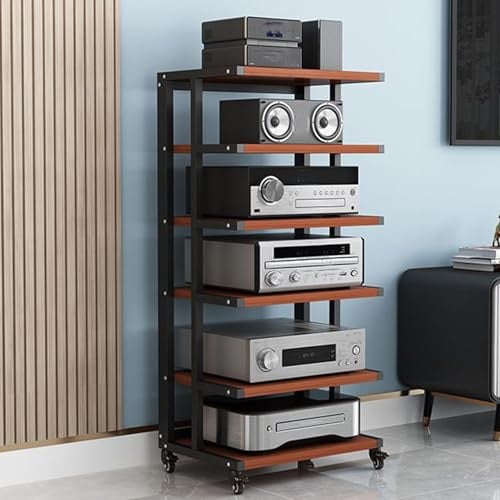 Mini HiFi Rack,6 Etagen Audio Komponenten Rack mit Rädern,Plattenspieler Tisch,Kleines Desktop Stand Halterungen,HiFi Gaming Regal aus Holz & Stahl,für Schallplatten,Equipment,DVD-Player(Black+Teak)