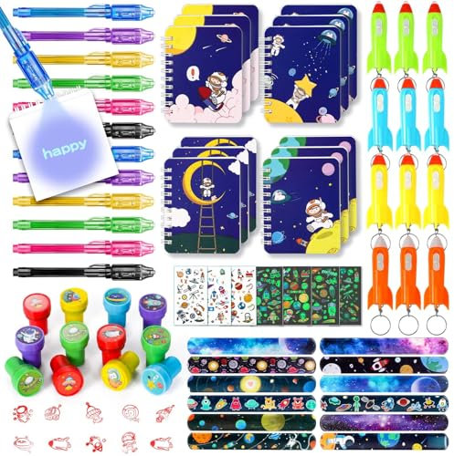 72 Spazio Gadget Compleanno Bambini Festa Bomboniere Penna Invisibile Taccuino Timbri Tatuaggi Luminoso Braccialetti Slap Razzo Portachiavi Spazio Compleanno Festa Forniture per Ragazzo