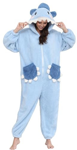 Niedlicher Hai Einteiliger Schlafanzug Damen Lang Winter Einteiler Tierkostüm Erwachsene Kostüm Jumpsuit Damen mit Reißverschlüsse Locker und Bequem Pyjama Fleece Onesie Kleidung Mit Kapuze(Hai ,S)