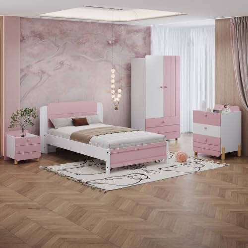 Dolamaní Jugendzimmer Möbel Komplett Set-1x Einzelbett 90x200 cm & 1x Nachttisch mit 3 Schubladen & 1x Nachttisch mit 1 Schubladen & 1x Kleiderschrank, Bett für Jungen Mädchen (Rosa- Komplett Set)