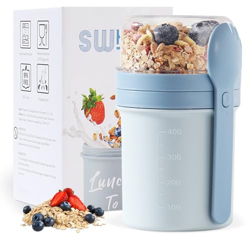 Swkien MüSlibecher to Go, Joghurtbecher to Go 450ml+250ml, Joghurt to Go Becher mit Löffel, Müsli Becher to Go für Müsli & Joghurt, Auslaufsicherer Müsli Cup to Go, Lunchpot(Nordic Blue)