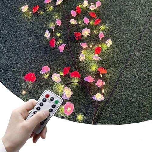 LED Rose Tree Branch Lights for Wall, 96 Led Light and 48 Rose, Valentine's Day Rose Blossom Lights Vine Lights with Remote and 8 Lighting Modes, Willow Vine for Bedroom Indoor