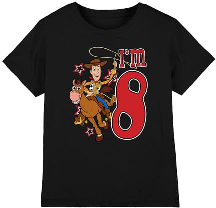 Toy Story Boys Birthday Woody I'm 8 Unisex Kids T-Shirt, Black, 3-4 Years UK