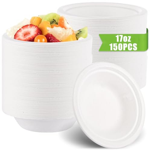 Oungy 150Pcs Paper Bowls, 480ml/17oz Bagasse Bowl White Disposable Bowls for Parties, Biodegradable Compostable Sugarcane Bowl for Salad Cereal Dessert