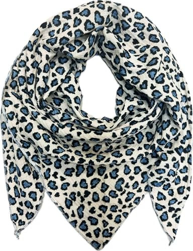 Jeamis XL Dreieck Strickschal Herz Leopard Love Frühling Schal 100% Baumwolle Made in Italy Fashion Tuch Dreieckschal Heart Stola Herbst Frühling Tuch Leo (Blau)