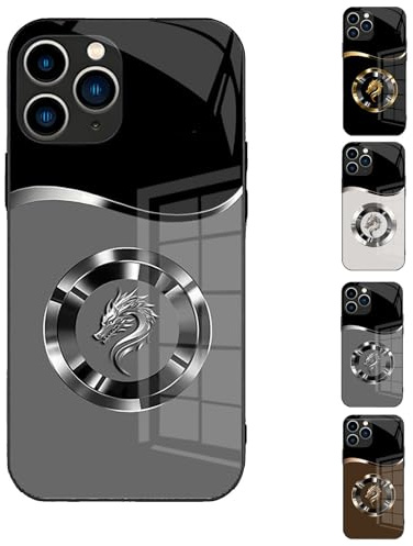Magnetic Dragon Pattern Glass Phone Case, HD Glass Back Simple Loong Hard Case, for iPhone 13 14 15 16 Pro Max (for iPhone 14 Pro Max,Gray)