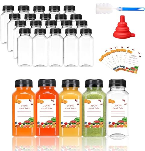 Punklong Plastic Juice Bottles with Caps, 20pcs 8oz/240ml Empty Reusable Water Bottle, Clear Bulk Drink Containers with Black Tamper Evident Lids for Juicing,Smoothie,Milk (8oz/240ml)