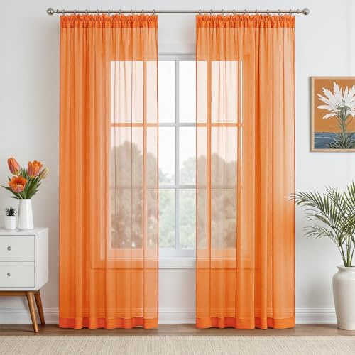 EMEMA Gardinen Vorhänge mit Kräuselband 2er H145xB140cm Orange Vorhang | Transparente Gardine Vorhänge mit Kräuselband aus Einfarbig Transparent Voile Wohnzimmer Luftig Dekoschal für Schlafzimmer