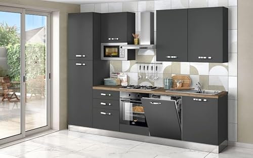 Dafne Italian Design - Einbauküche mit Elektrogeräte (300 x 60 x 240 cm) Küche Komplett mit Elektrogeräte, Küchenzeile mit Elektrogeräten 300 cm, Perfekt für B&Bs und Residenzen, Made in Italy
