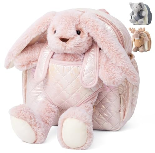 Moonkie Hug & Go Kindergartenrucksack, Hase Kita Rucksack mit Abnehmbarem Spielzeug Mädchen, Weiche Plüsch Kinderrucksack, für 1-3 Jahren, Kindergarten Rucksack Perfekt für Kita, Reise & Geschenk
