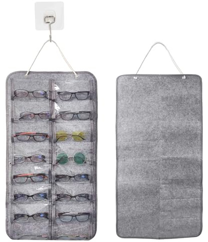 16 Fächer Sonnenbrillen Aufbewahrung Hängend – Faltbarer Brillen Organizer aus Filz – Staubdichte Wandtasche zur Brillenaufbewahrung – Brillenhalter für Wand & Schrank, Grau
